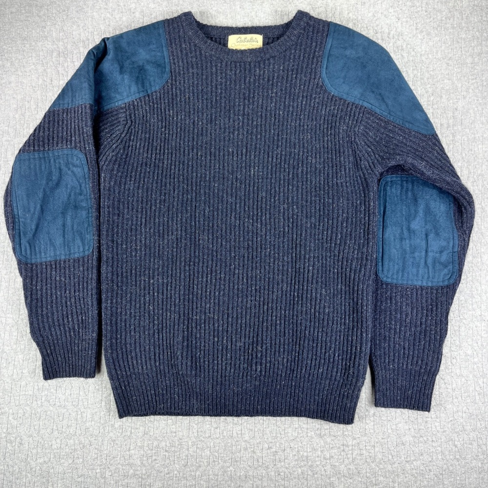 Cabelas Outfitter Series Sweater Mens S Blue Lambswool Ribbed Shooting Patches